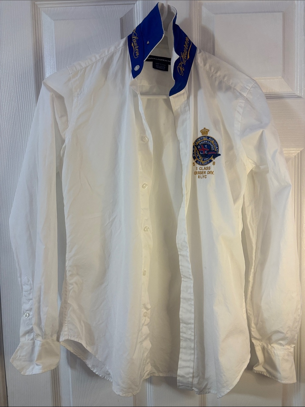 Ralph Lauren White Button-Down Shirt with Blue Contrast Collar